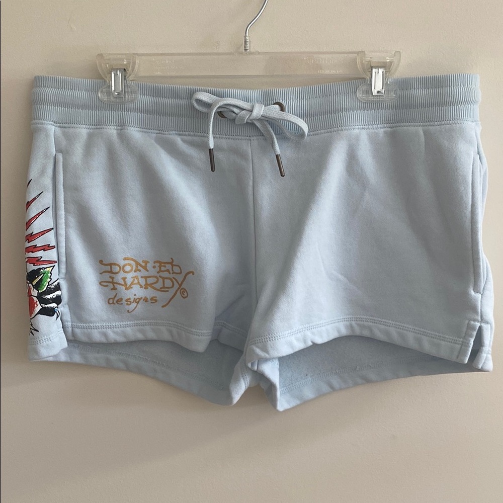Ed Hardy Blue Athletic Shorts with Drawstring Waist Heart and Skull Design